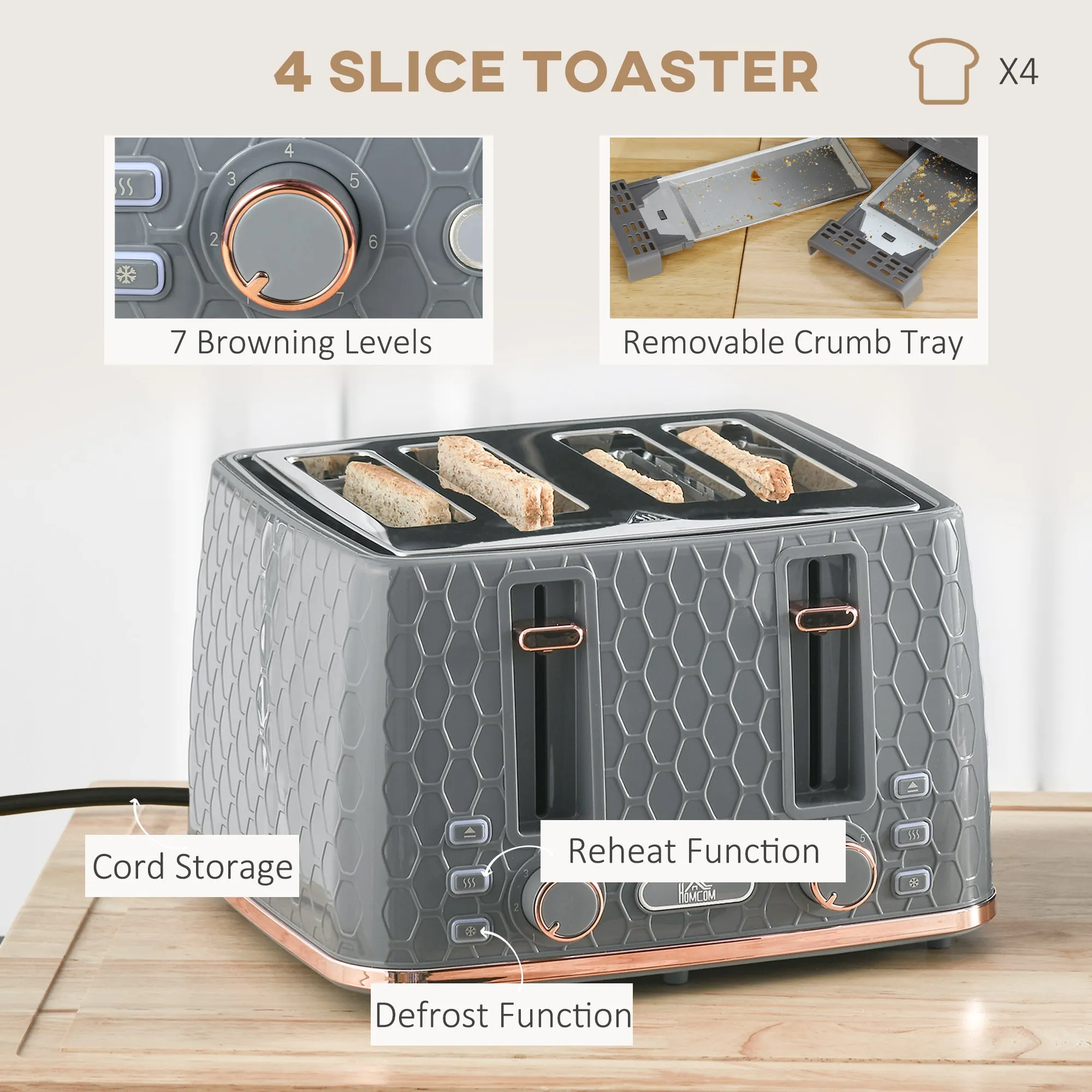 1.7L 3000W Fast Boil Kettle & 4 Slice Toaster Set, Kettle and Toaster Set with 7 Browning Controls, Crumb Tray, Grey