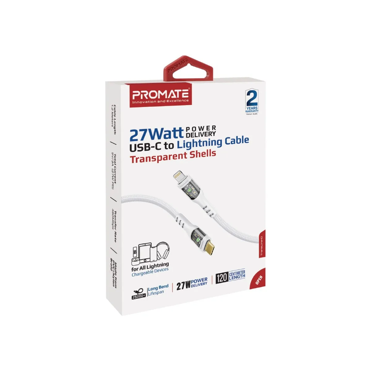 27W Power Delivery USB-C to Lightning Cable with Transparent Shells