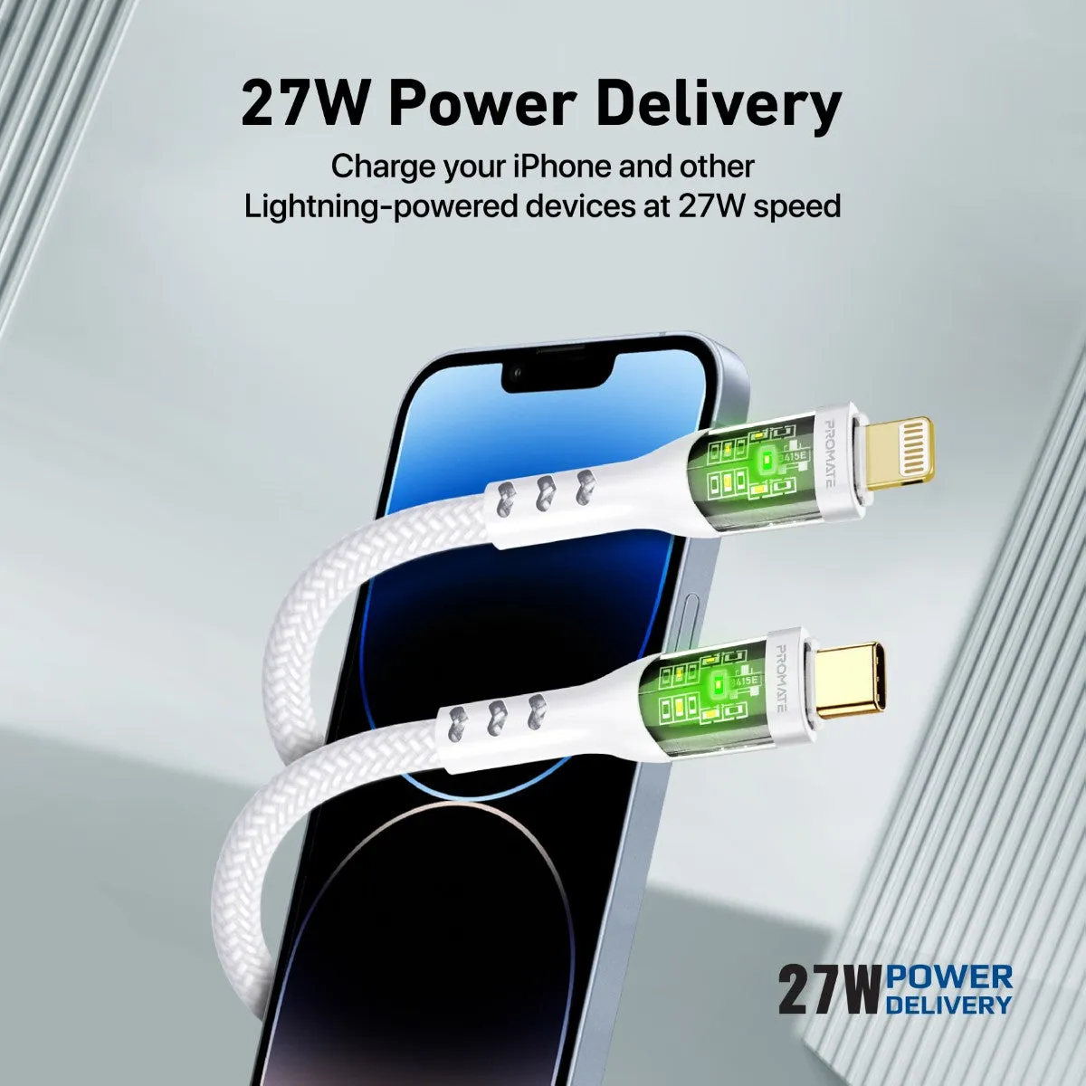 27W Power Delivery USB-C to Lightning Cable with Transparent Shells