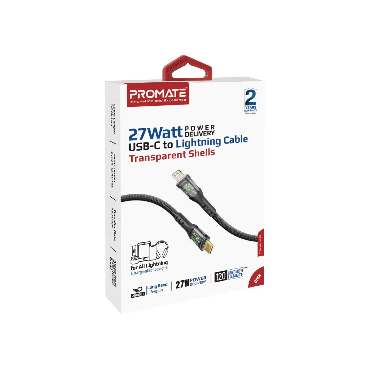 27W Power Delivery USB-C to Lightning Cable with Transparent Shells