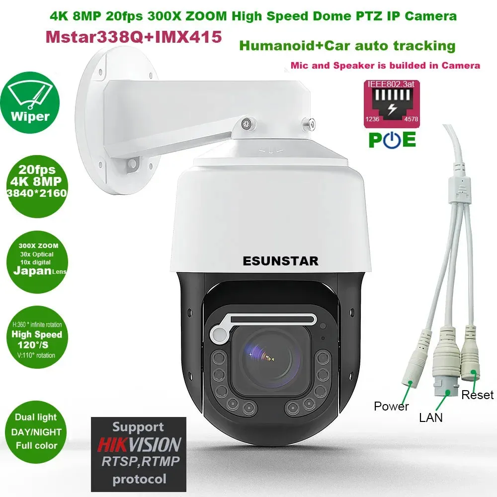 4K 8MP 30fps 300X ZOOM POE temperature display IMX415 RTMP High Speed dome PTZ Wiper IP Camera ONVIF Absolute move Hikvision