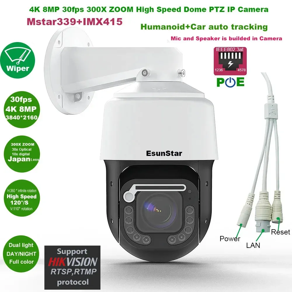 4K 8MP 30fps 300X ZOOM POE temperature display IMX415 RTMP High Speed dome PTZ Wiper IP Camera ONVIF Absolute move Hikvision