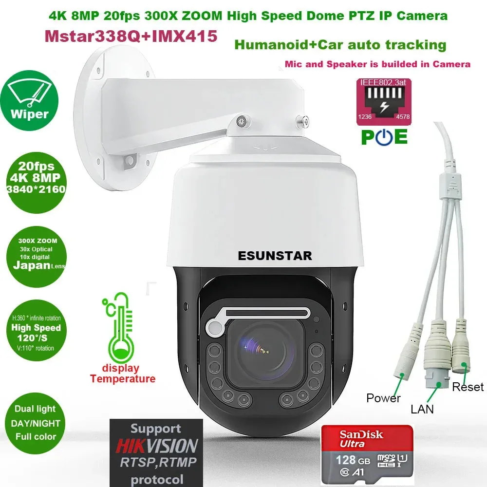 4K 8MP 30fps 300X ZOOM POE temperature display IMX415 RTMP High Speed dome PTZ Wiper IP Camera ONVIF Absolute move Hikvision