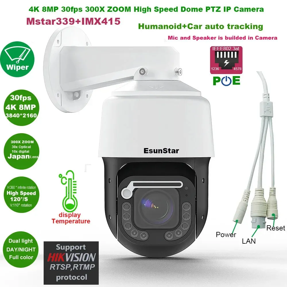 4K 8MP 30fps 300X ZOOM POE temperature display IMX415 RTMP High Speed dome PTZ Wiper IP Camera ONVIF Absolute move Hikvision