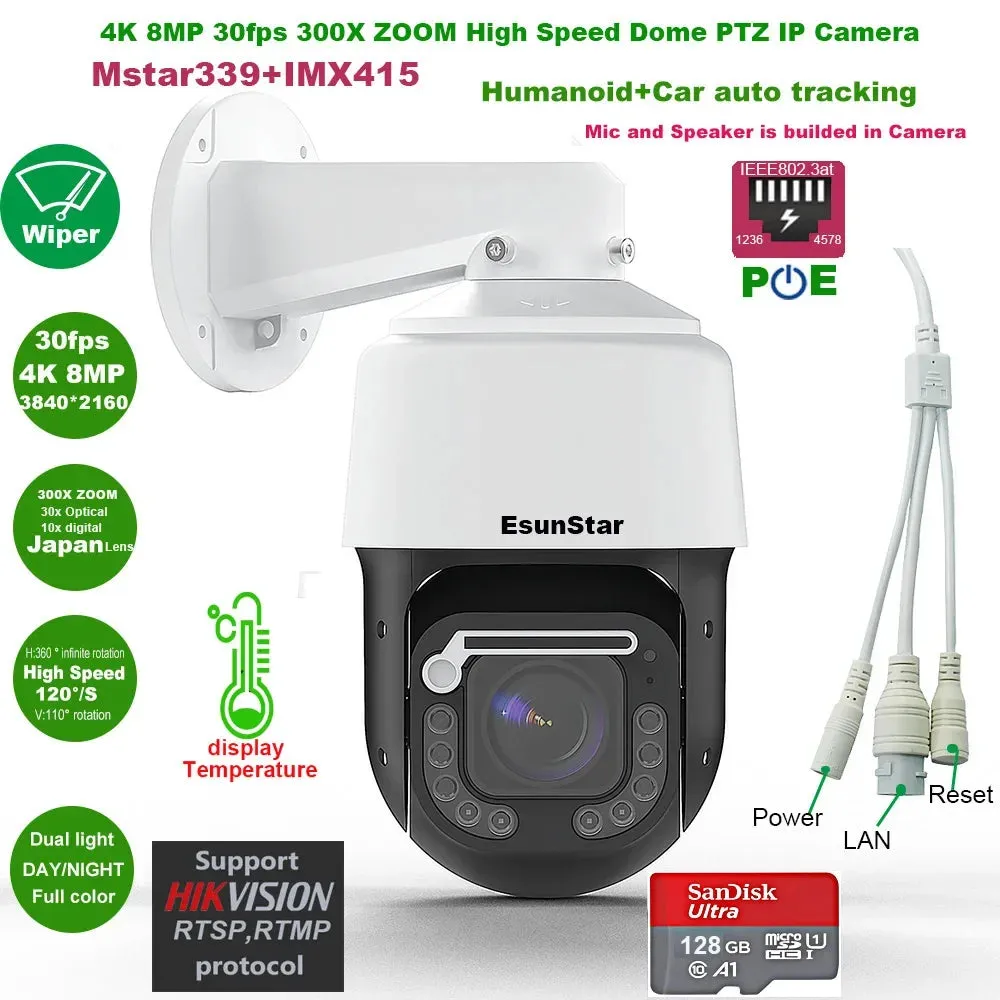 4K 8MP 30fps 300X ZOOM POE temperature display IMX415 RTMP High Speed dome PTZ Wiper IP Camera ONVIF Absolute move Hikvision
