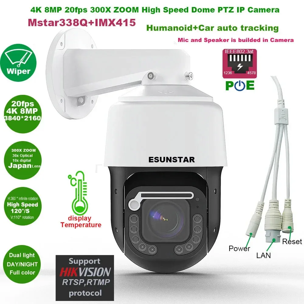 4K 8MP 30fps 300X ZOOM POE temperature display IMX415 RTMP High Speed dome PTZ Wiper IP Camera ONVIF Absolute move Hikvision