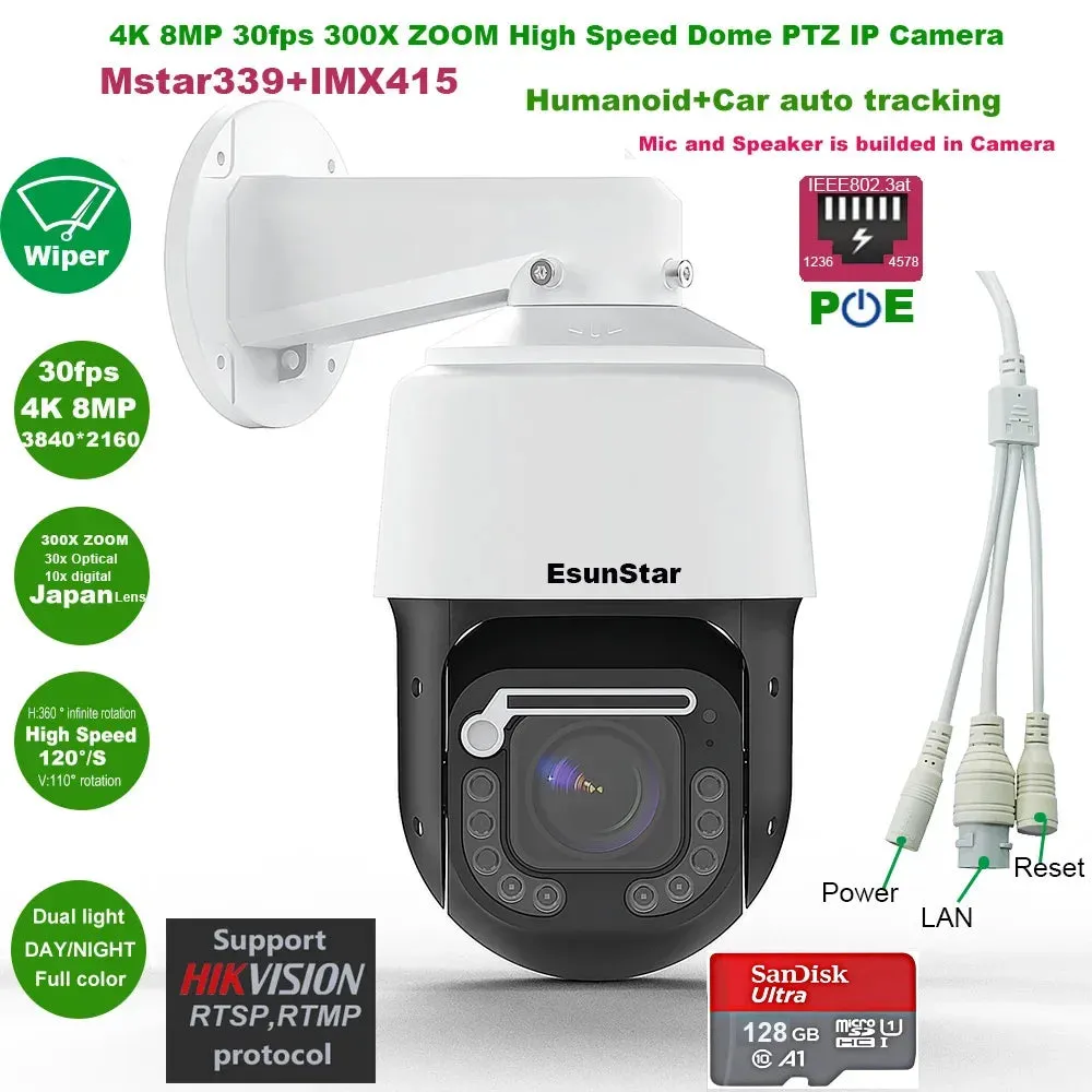 4K 8MP 30fps 300X ZOOM POE temperature display IMX415 RTMP High Speed dome PTZ Wiper IP Camera ONVIF Absolute move Hikvision