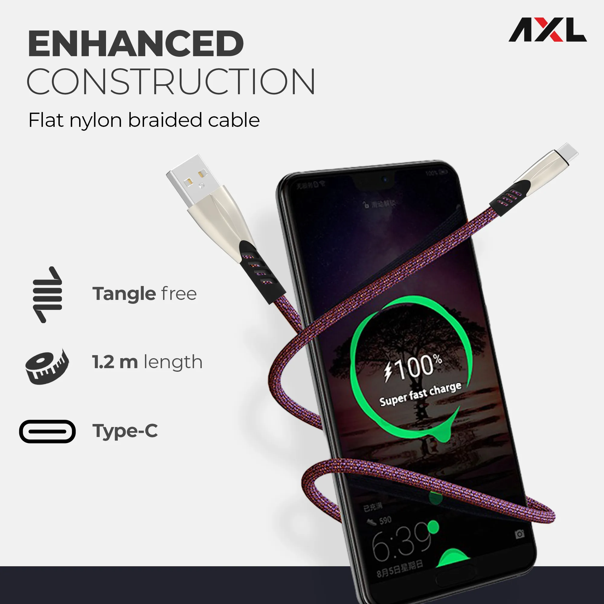 ACB030C Type C Flat Braided Charging & Sync Data Cables