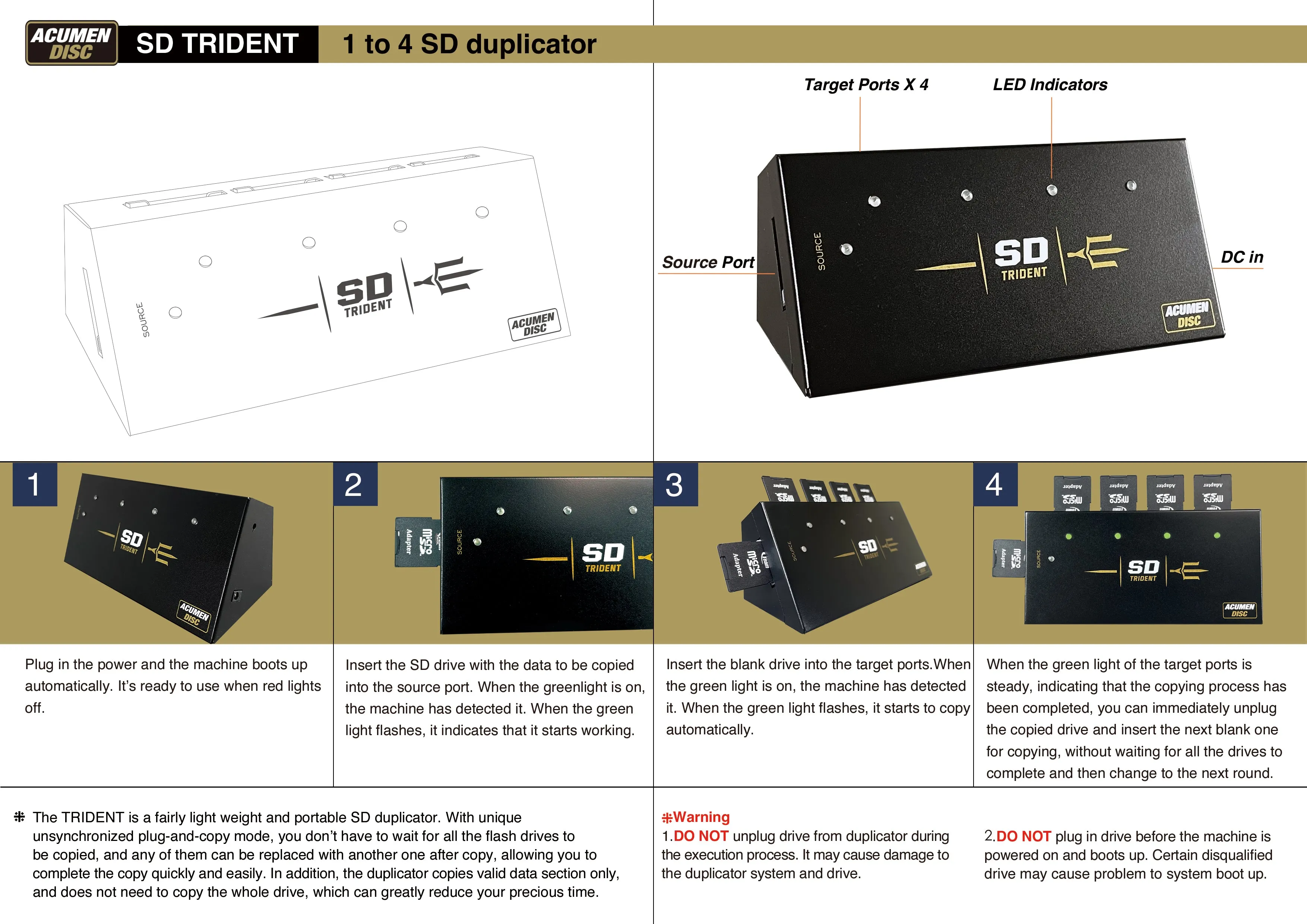 Acumen Disc SD Trident - 1 to 4 Secure Digital / TF / MicroSD Compact AutoStart Duplicator (DM-ACM-5SD04B)