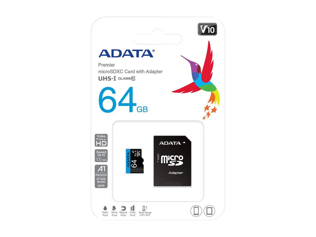 ADATA Premier 64GB MicroSDHC UHS-I Class 10 V10 A1 Memory Card With Adapter (AUSDX64GUICL10A1-RA1)