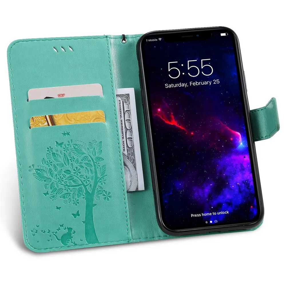 Anymob iPhone Blue Flip Leather Cases Cat Embossing Wallet Phone Cover