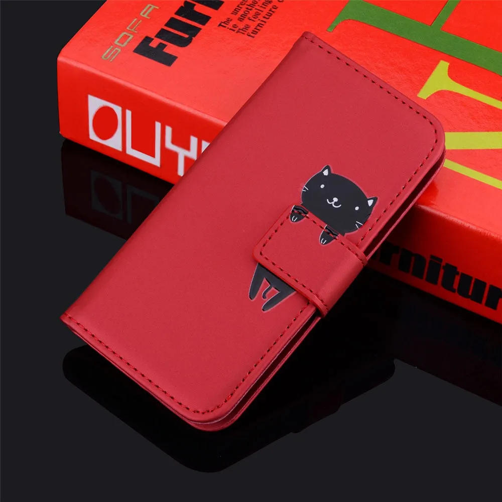 Anymob Xiaomi Redmi Red Flip Leather Cases Cute Cartoon Cat Wallet Cover Shell