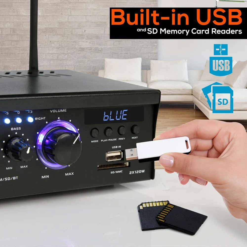 Audio Speaker Power Amplifier System - 2X120 Watt Digital Amp W/ Headphone Jack, Mp3/Usb/Sd/Mmc Card Reader/Fm Radio/Bluetooth Receiver W/Aux, Cd Inputs & Blue Led Display