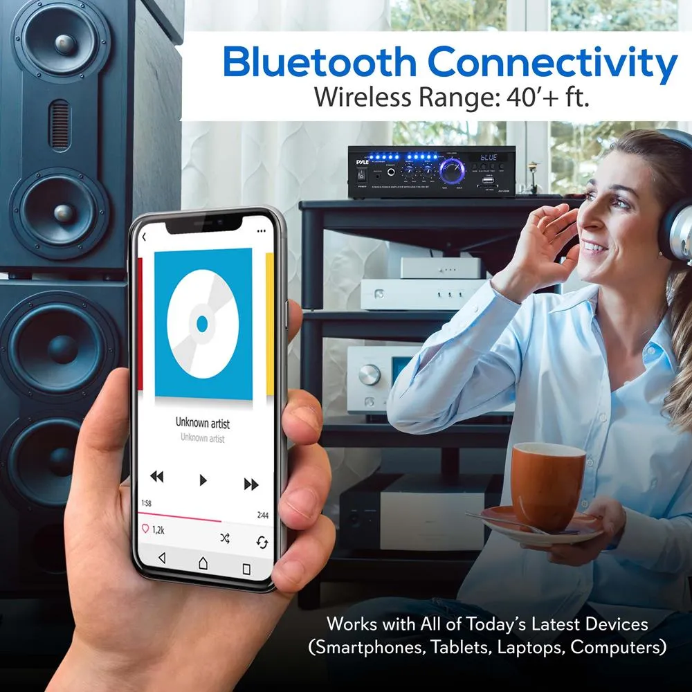 Audio Speaker Power Amplifier System - 2X120 Watt Digital Amp W/ Headphone Jack, Mp3/Usb/Sd/Mmc Card Reader/Fm Radio/Bluetooth Receiver W/Aux, Cd Inputs & Blue Led Display