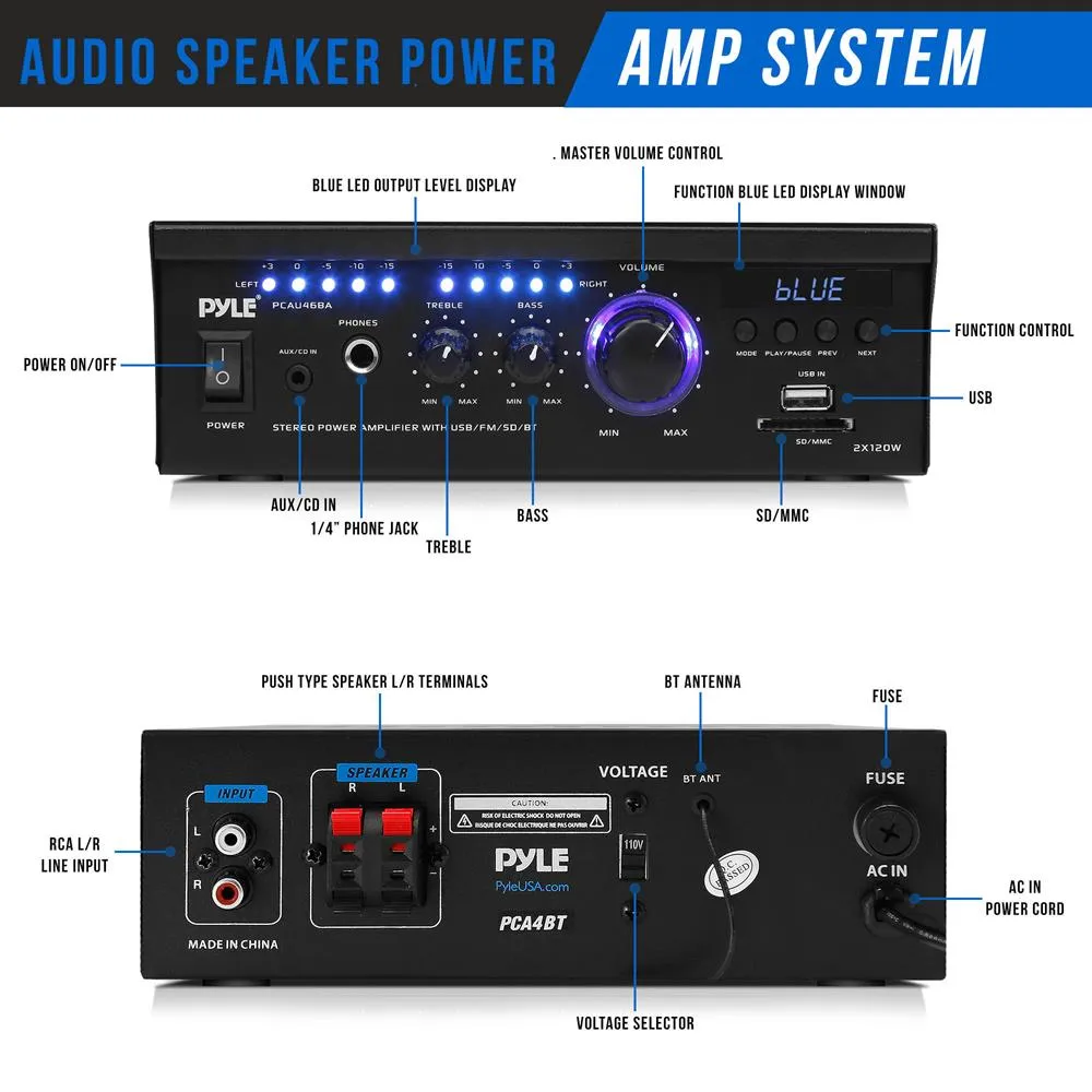 Audio Speaker Power Amplifier System - 2X120 Watt Digital Amp W/ Headphone Jack, Mp3/Usb/Sd/Mmc Card Reader/Fm Radio/Bluetooth Receiver W/Aux, Cd Inputs & Blue Led Display