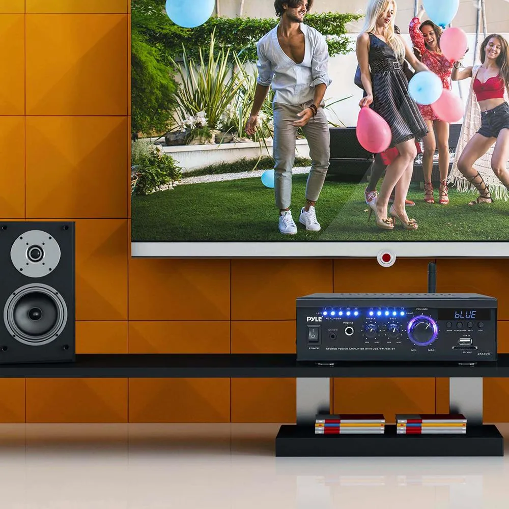 Audio Speaker Power Amplifier System - 2X120 Watt Digital Amp W/ Headphone Jack, Mp3/Usb/Sd/Mmc Card Reader/Fm Radio/Bluetooth Receiver W/Aux, Cd Inputs & Blue Led Display