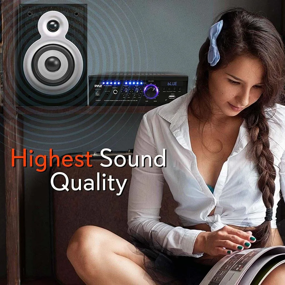 Audio Speaker Power Amplifier System - 2X120 Watt Digital Amp W/ Headphone Jack, Mp3/Usb/Sd/Mmc Card Reader/Fm Radio/Bluetooth Receiver W/Aux, Cd Inputs & Blue Led Display