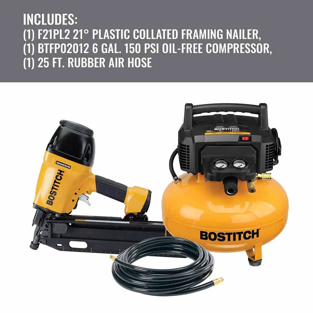 Bostitch BTFP1KIT21PL 21 Degree Pneumatic Framing Nailer Compressor & Hose Combo Kit