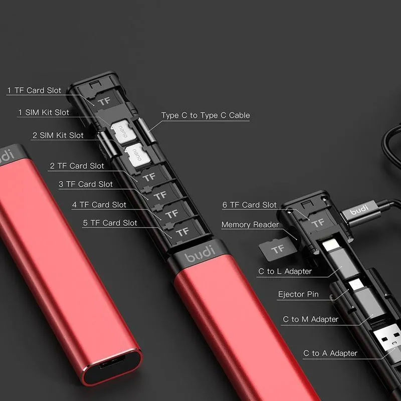 BUDI Multi-function Smart Adapter Card Storage Data Cable USB Box Universal Card Reader for iPhone Samsung Xiaomi Phone Holder