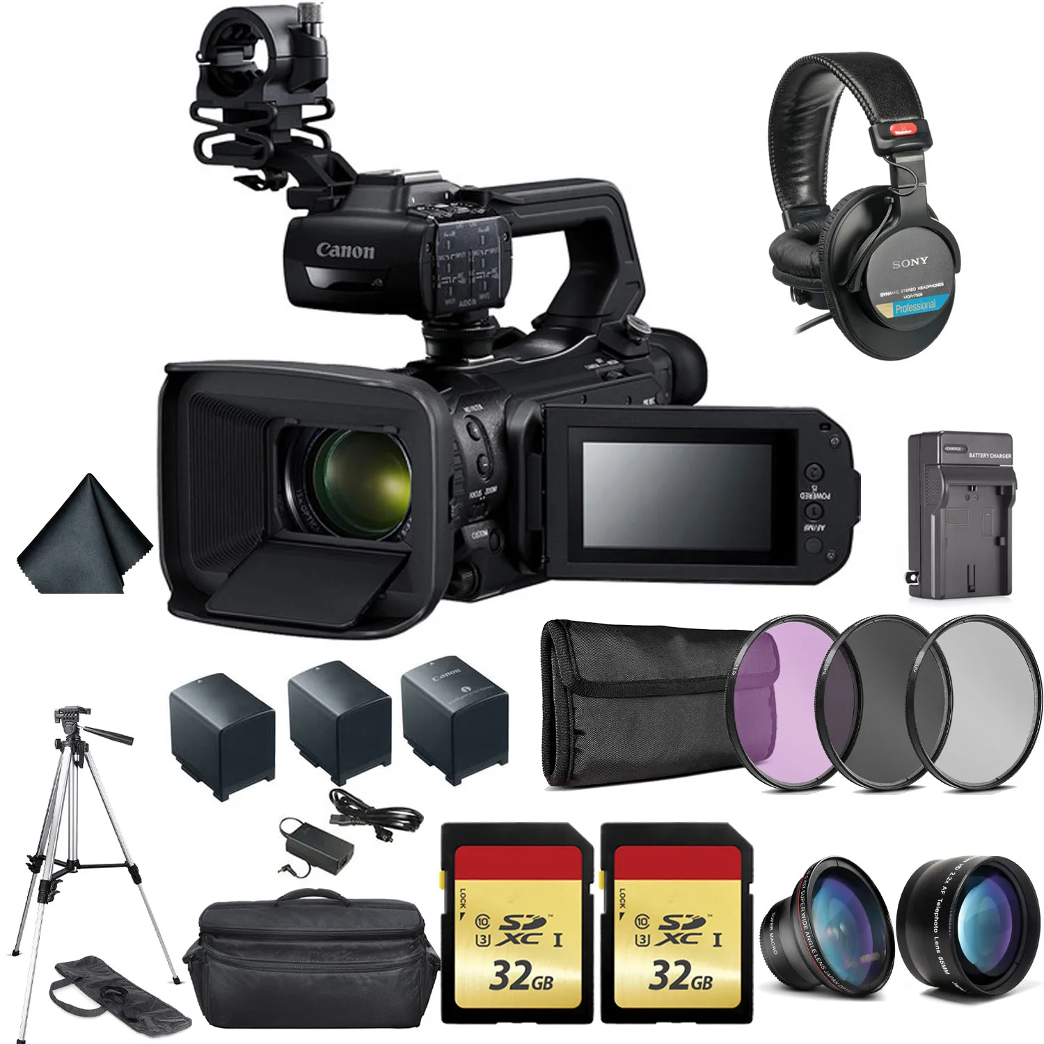 Canon XA50 Professional UHD 4K Camcorder Bundle with 2x Spare Batteries 2x 32GB Memory Cards Carrying Case Sony MDR 7506 Headphones