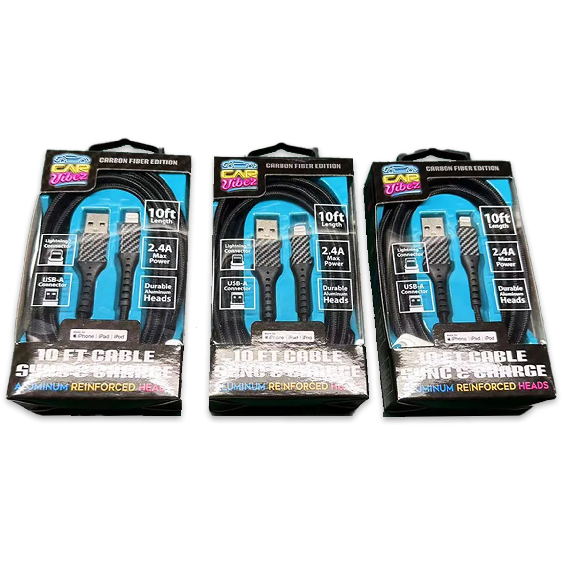 Charging Cable Carbon Fiber USB to Lightning 10FT 2.4 Amp - 3 Pieces Per Pack 24566