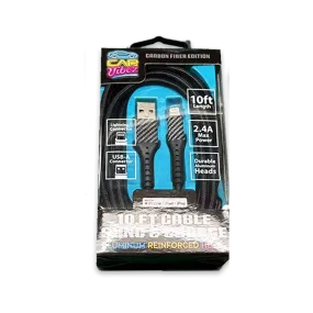Charging Cable Carbon Fiber USB to Lightning 10FT 2.4 Amp - 3 Pieces Per Pack 24566