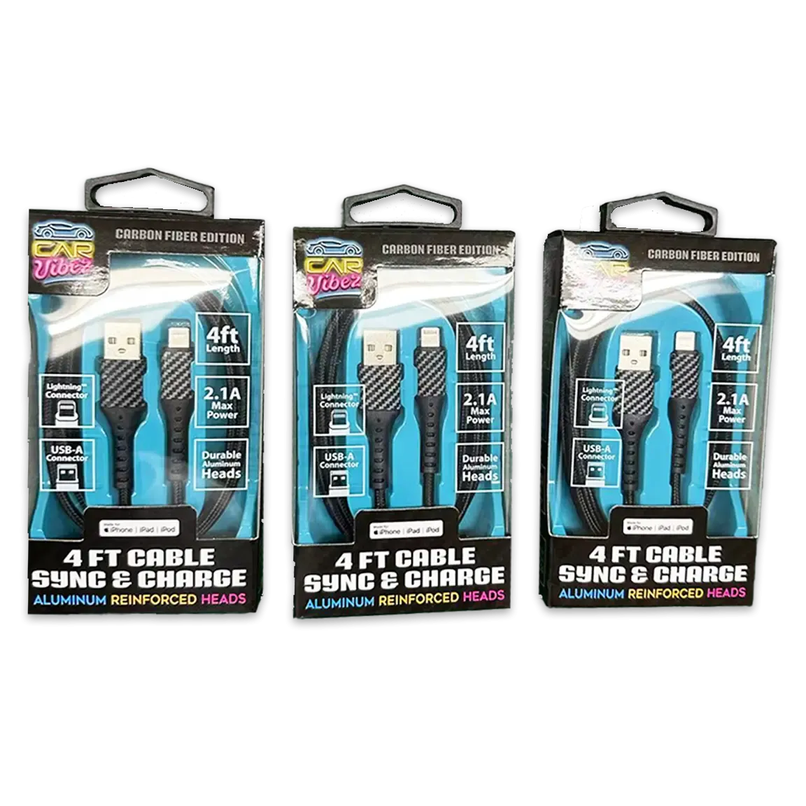 Charging Cable Carbon Fiber USB to Lightning 4FT 2.1 Amp - 3 Pieces Per Pack 24565