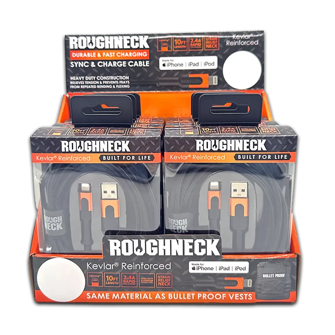 Charging Cable Roughneck Soft Cloth USB to Lightning 10FT 2.4 Amp - 6 Pieces Per Retail Ready Display 41594D