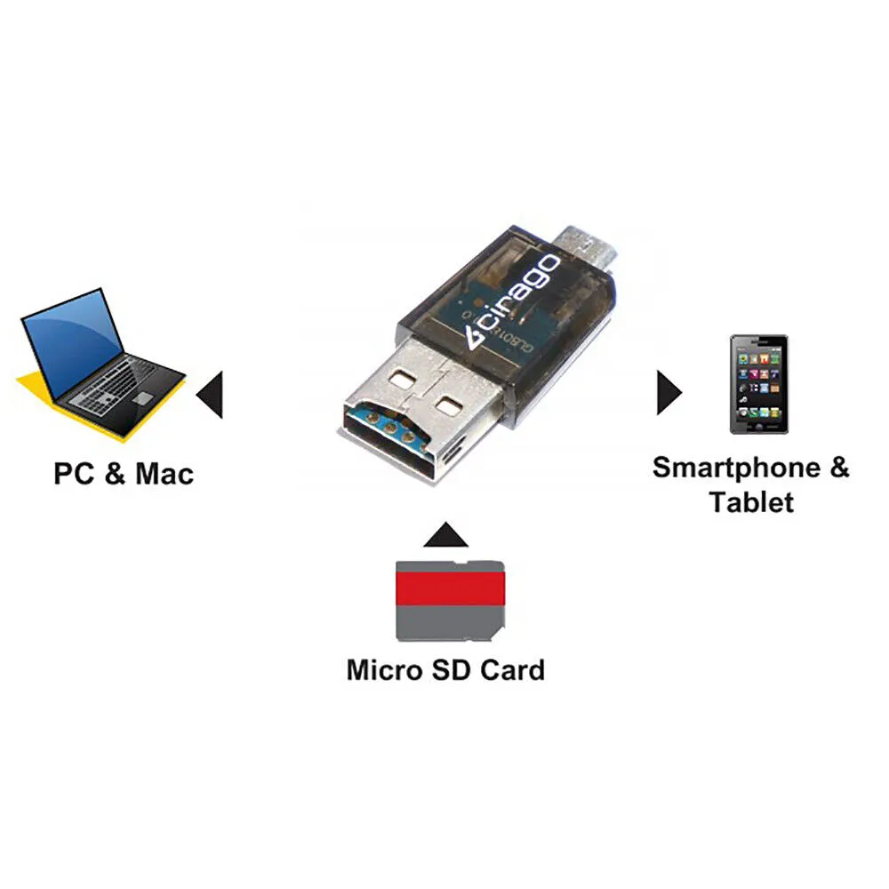 Cirago Memory Card Reader Micro USB to Micro SD For All Android Phone Tablet PC