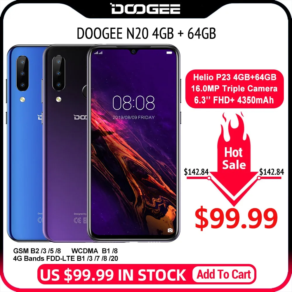 DOOGEE N20 Mobilephone Fingerprint 6.3inch FHD  Display 16MP Triple Back Camera 64GB 4GB MT6763 Octa Core 4350mAh Cellphone LTE