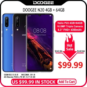 DOOGEE N20 Mobilephone Fingerprint 6.3inch FHD  Display 16MP Triple Back Camera 64GB 4GB MT6763 Octa Core 4350mAh Cellphone LTE