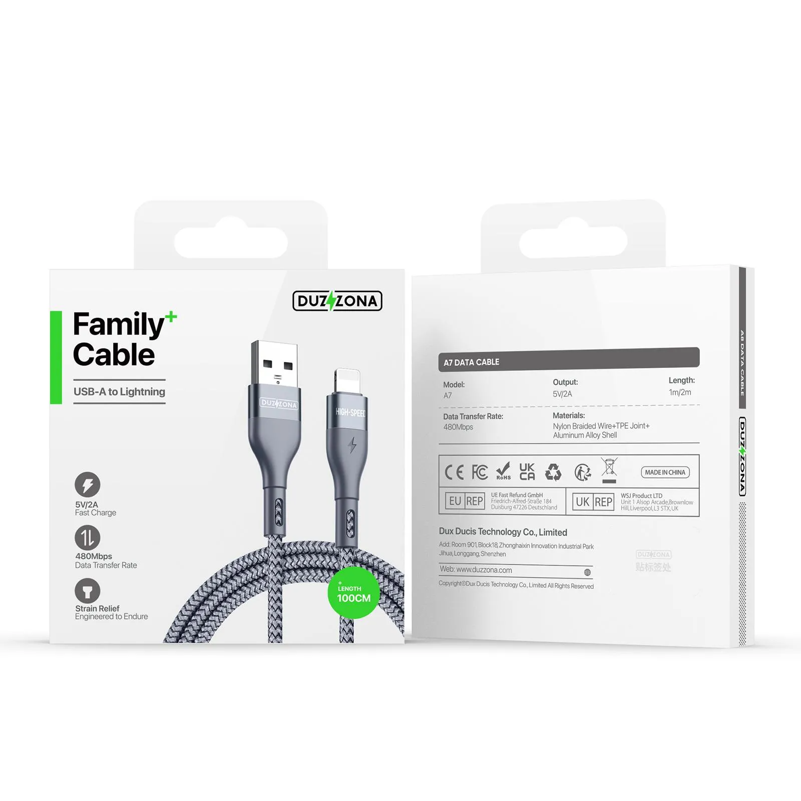 DUZZONA Fast Charge USB-A to Lightning 100cm (1m) Braided Cable - Grey