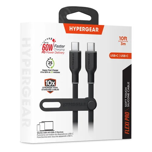 Flexi Pro USB-C to USB-C Soft-Touch Silicone Fast Charge Cable | 10ft | Black