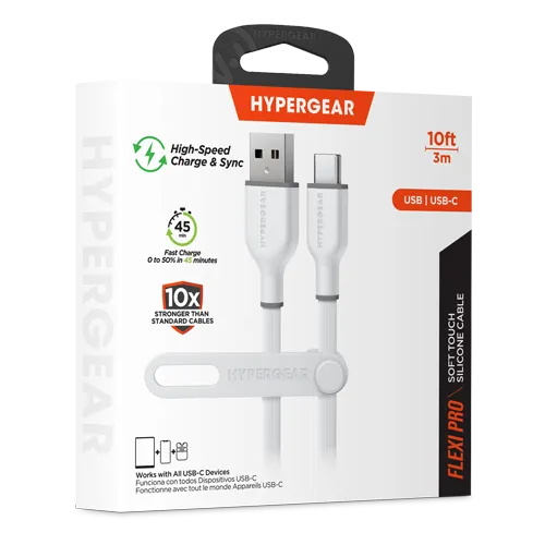 Flexi Pro USB to USB-C Soft-Touch Silicone Charge & Sync Cable | 10ft | White