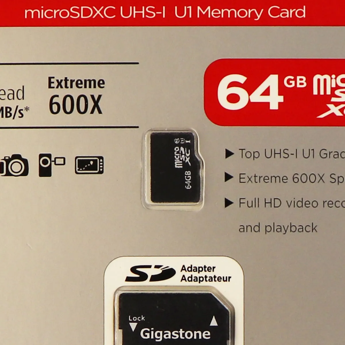 Gigastone Prime 64GB Micro SDXC UHS-1 Class 10 90MBs Memory Card and Adapter