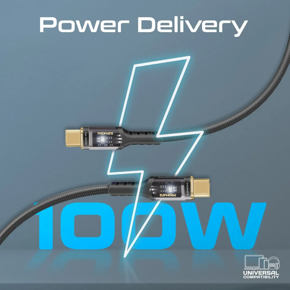 High Tensile Transparent 100W Power Delivery USB-C Cable with LED Light