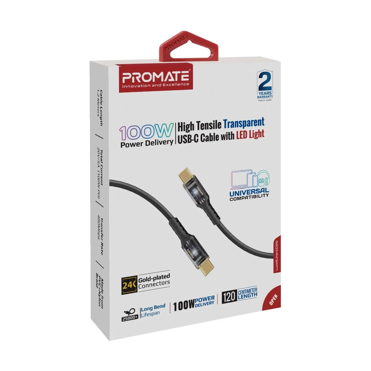 High Tensile Transparent 100W Power Delivery USB-C Cable with LED Light