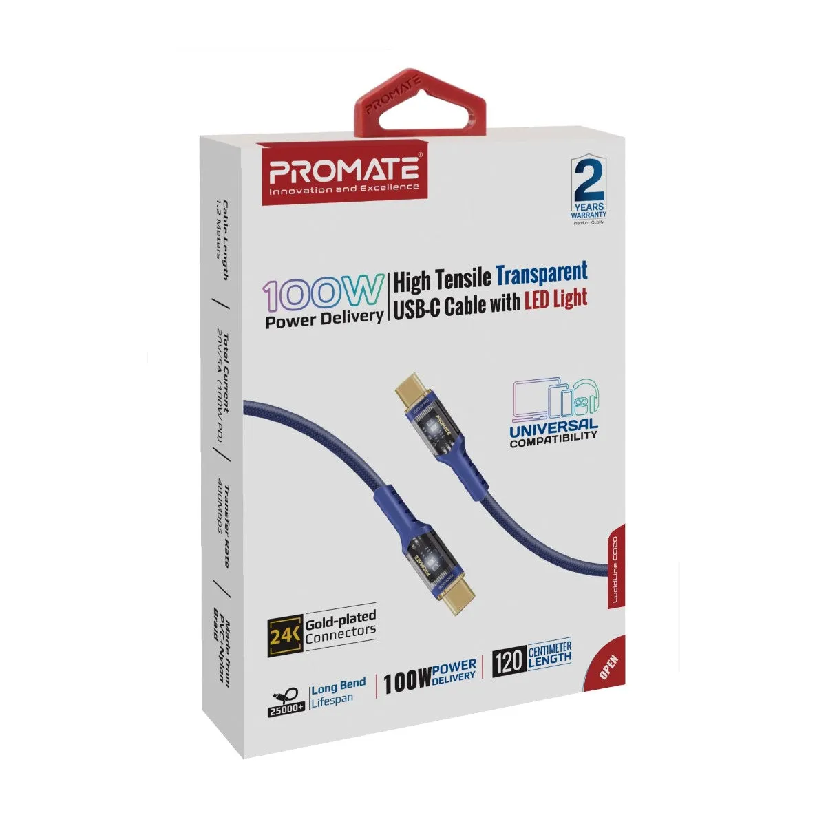 High Tensile Transparent 100W Power Delivery USB-C Cable with LED Light