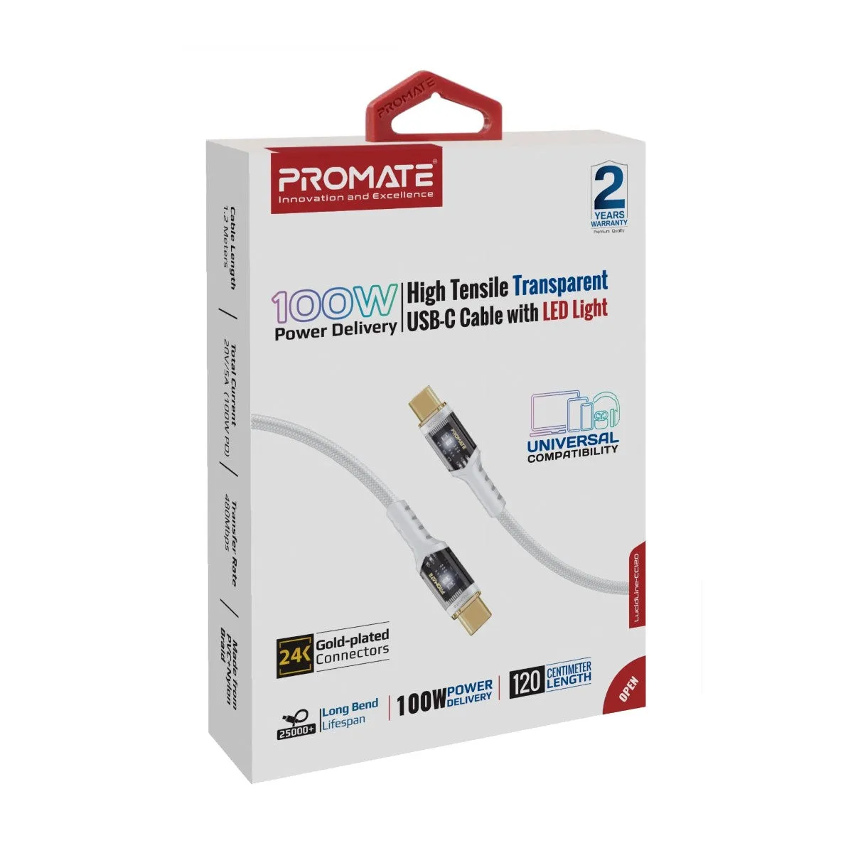 High Tensile Transparent 100W Power Delivery USB-C Cable with LED Light