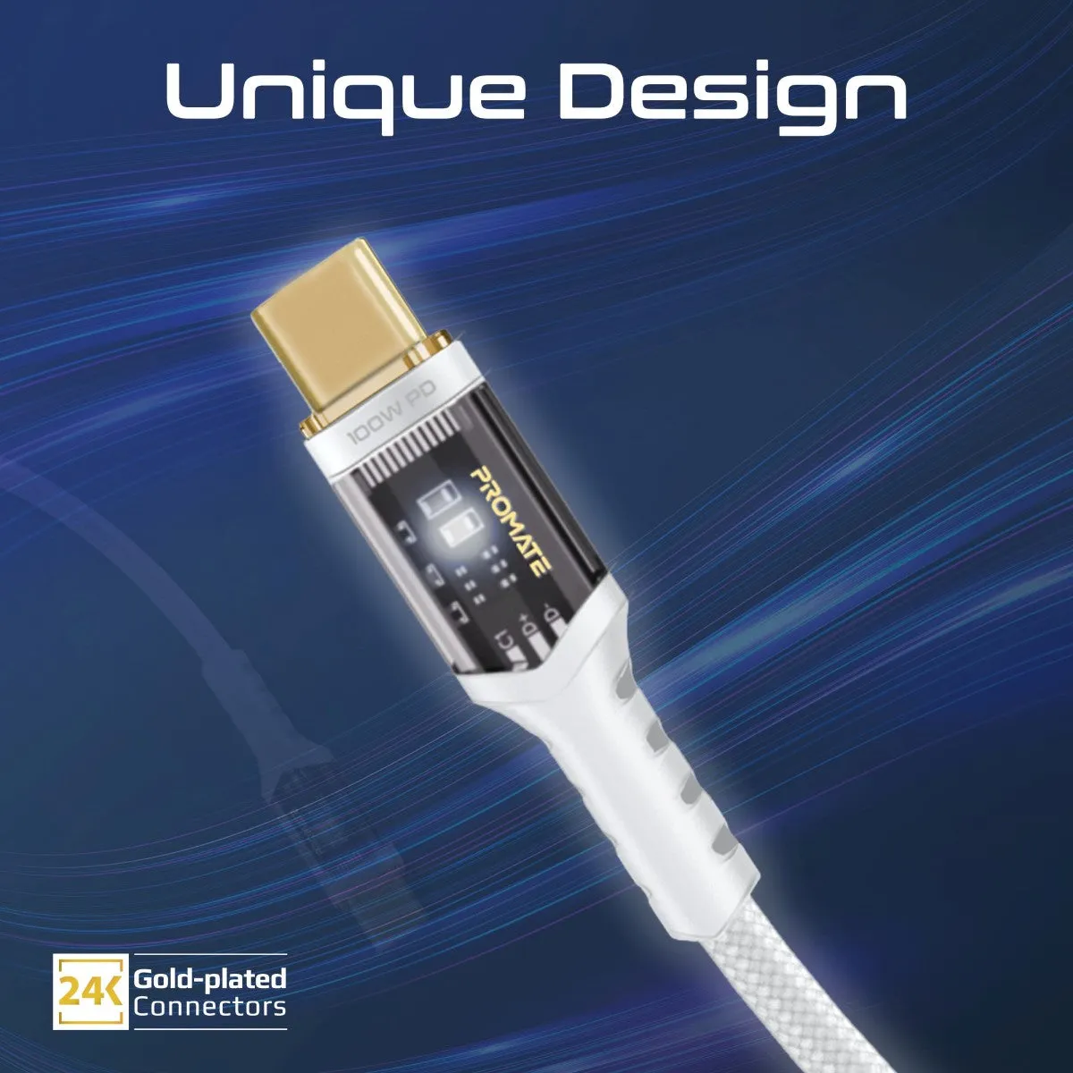 High Tensile Transparent 100W Power Delivery USB-C Cable with LED Light