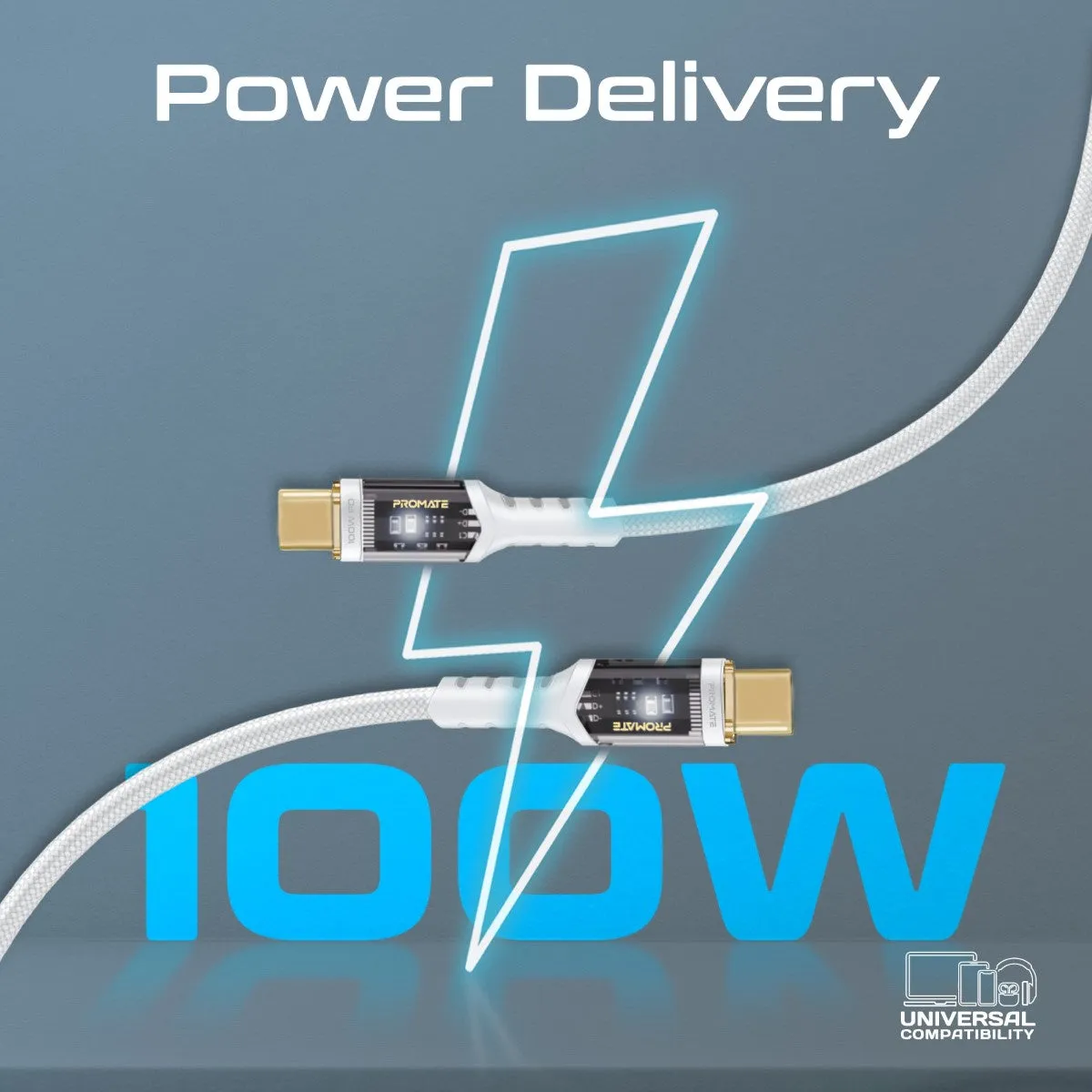 High Tensile Transparent 100W Power Delivery USB-C Cable with LED Light