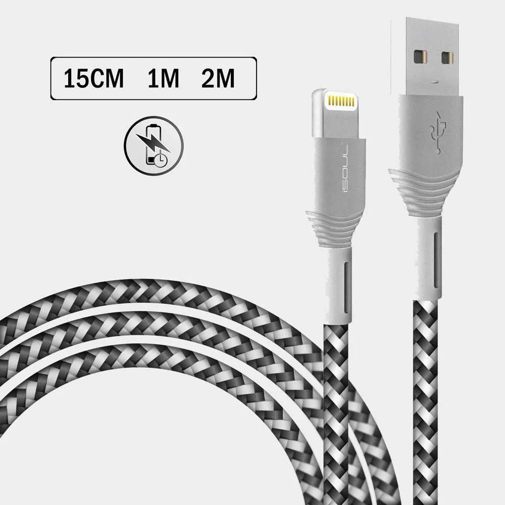 iSOUL Apple Lightning iPhone Charging Cable - 15cm / 1M / 2M Long Nylon Braided Lead USB Fast Charge Sync