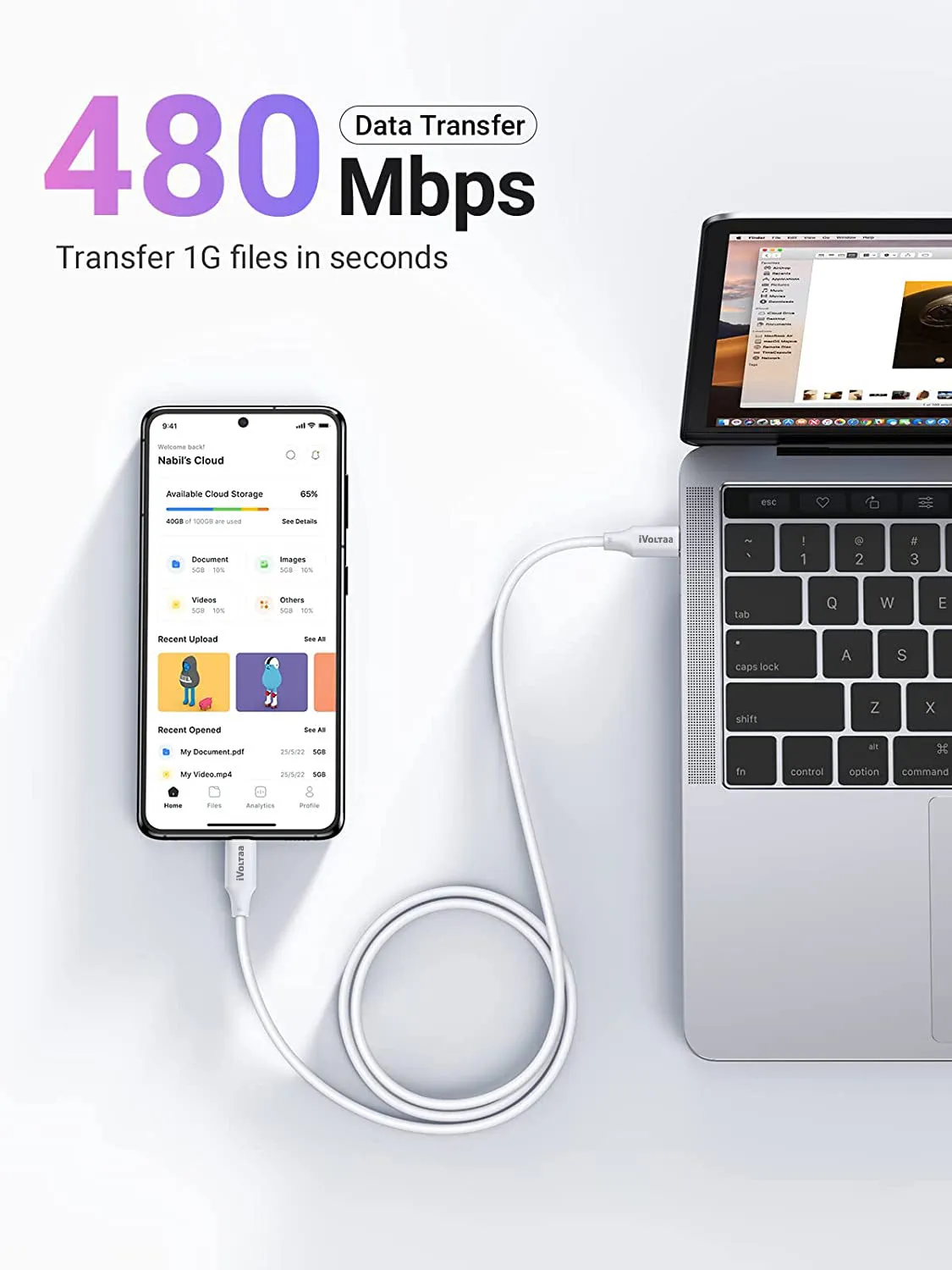 iVoltaa PD 100W USB Type C Fast Charging Cable (20V 5A) - White