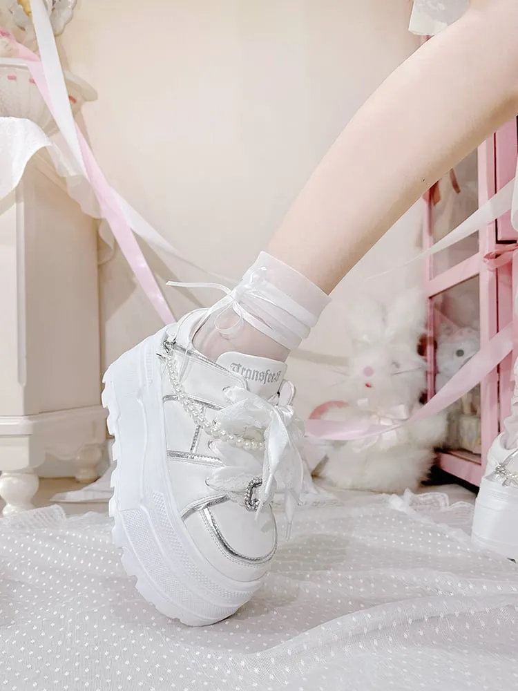 Jirai Kei White Rhinestone Platform Shoes with Detachable Beaded Chain