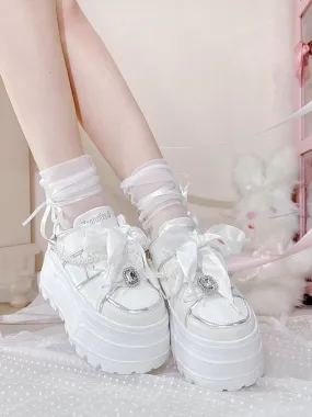 Jirai Kei White Rhinestone Platform Shoes with Detachable Beaded Chain