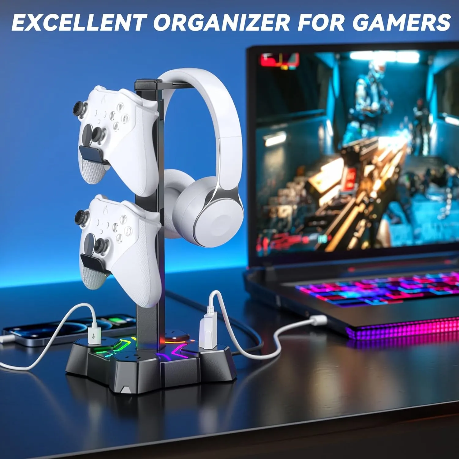 KDD RGB Headphone Stand with USB Charger