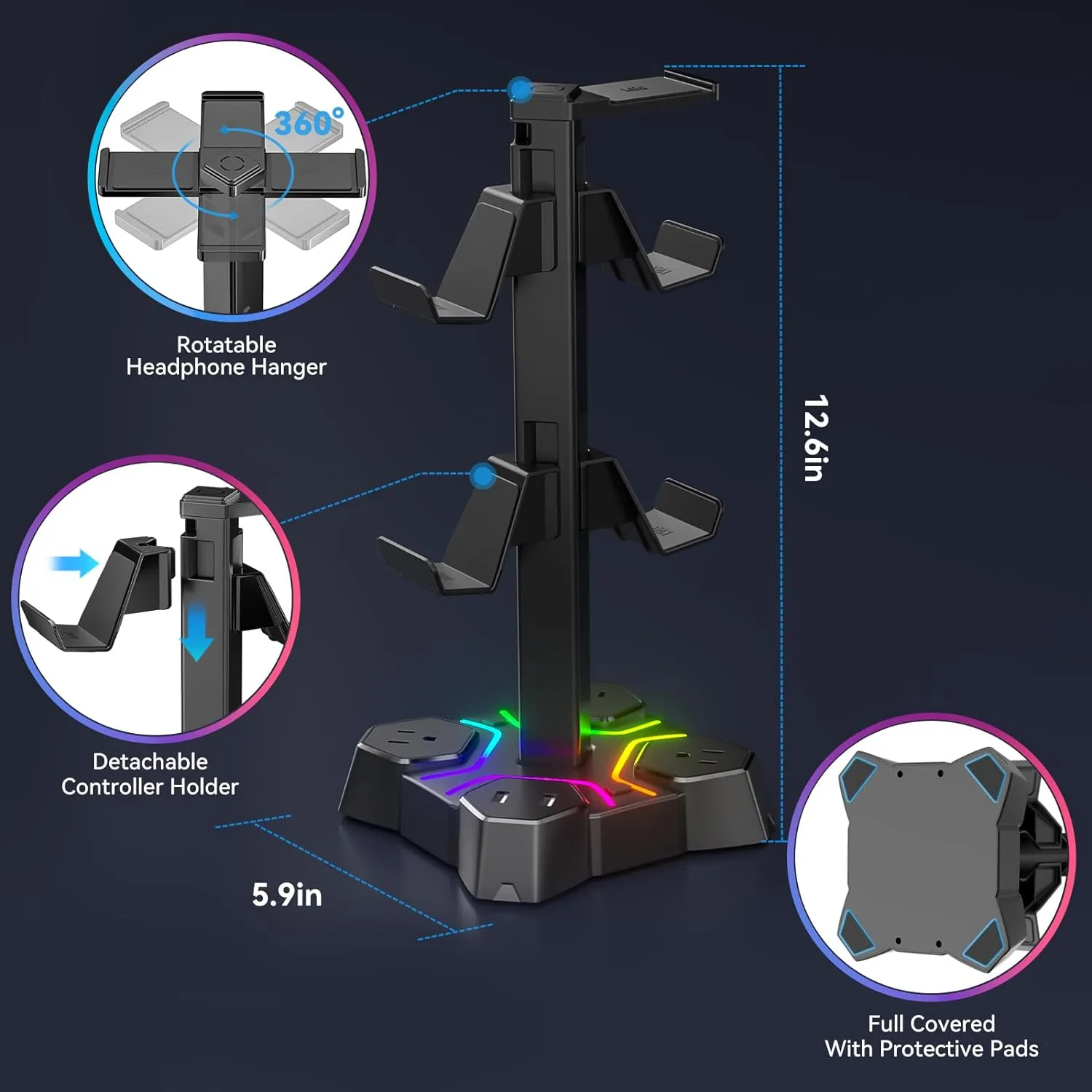 KDD RGB Headphone Stand with USB Charger