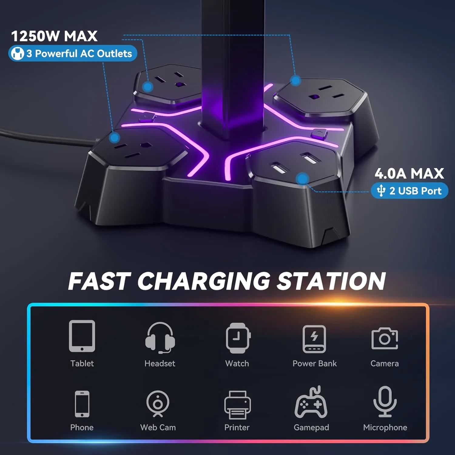 KDD RGB Headphone Stand with USB Charger