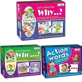 Let's Find Out Who Puzzle, Let's Find Out Why and Action Words Puzzle (Set of 3)