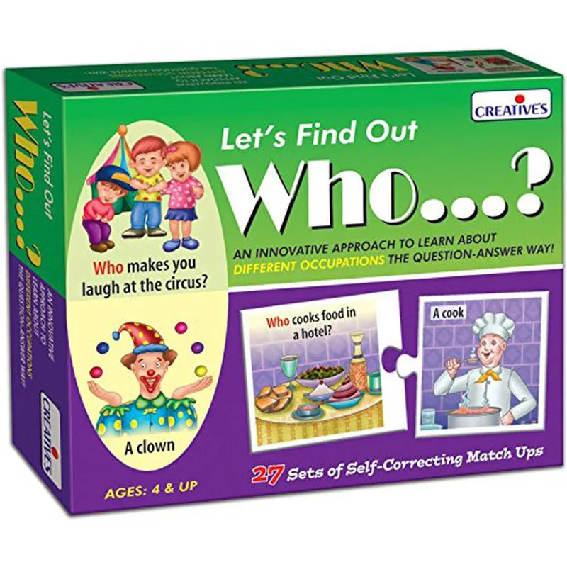 Let's Find Out Who Puzzle, Let's Find Out Why and Action Words Puzzle (Set of 3)